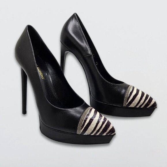 YSL Janis Pumps Pointed Cap Toes Zebra Pattern Snakeskin Calf Leather Black 40 - Picture 4 of 14